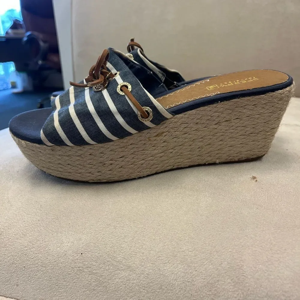 Sperry Nautical Stripe Espadrille Wedge Slip On Slides sz 8.5 EUC